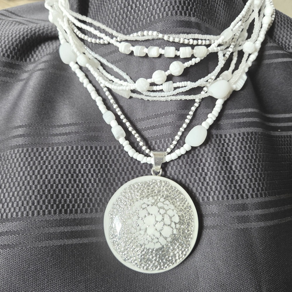 Chico's Nautilus Pendant Necklace White Multi-Strand Beaded Statement New